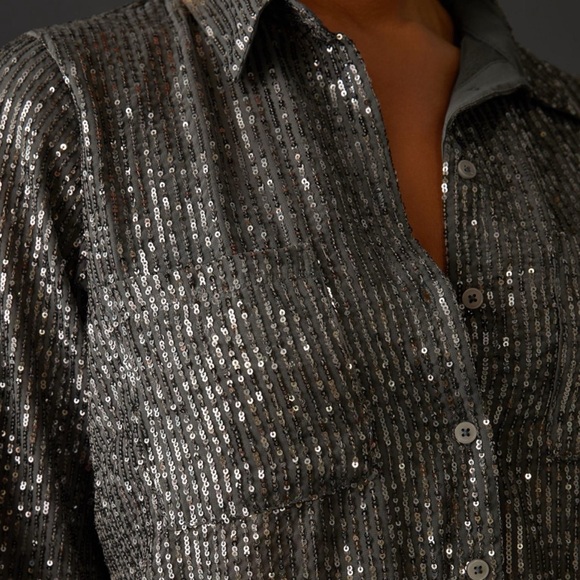 Anthropologie Sequin Button-down Shirt Slate Gray Top Medium Petite - Picture 6 of 15